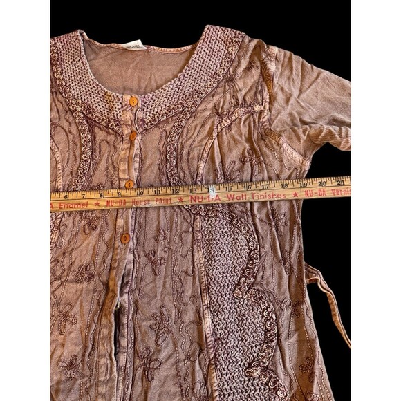 VTG Embroidered Maxi Dress  Free Size Button Front Rayon Tie Fringe Boho Cottage - Picture 5 of 13